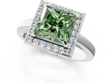 White gold Fancy Green Princess Cut Halo Diamond Ring with Solitaire Band and Prong Setting_1