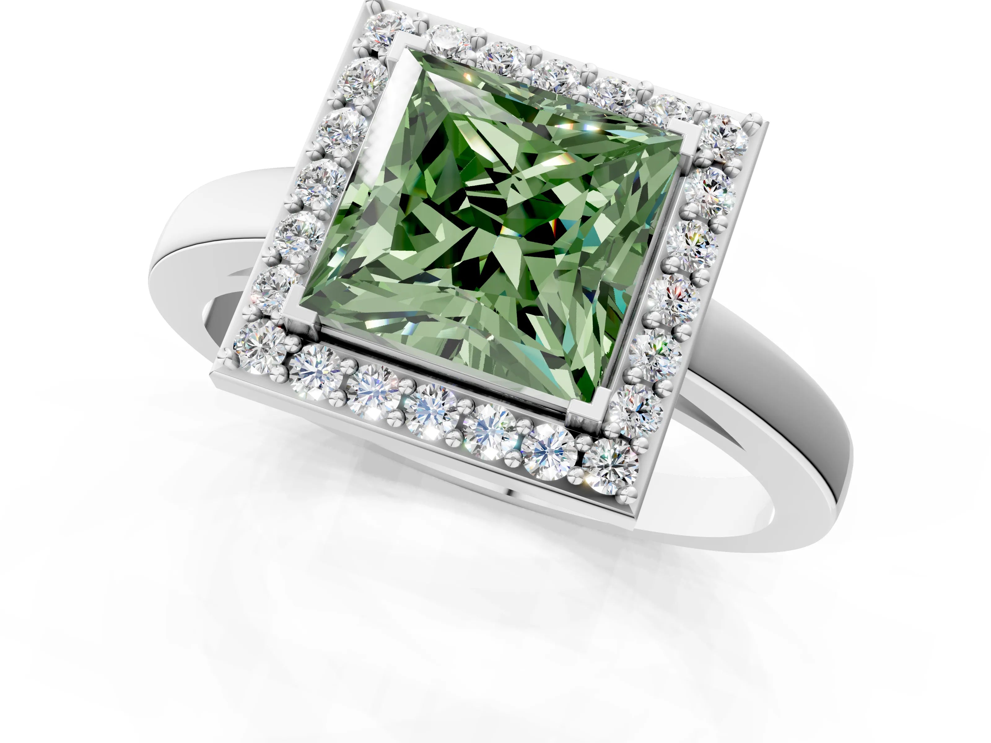 White gold Fancy Green Princess Cut Halo Diamond Ring with Solitaire Band and Prong Setting_1