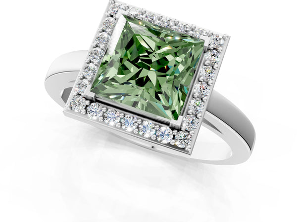 White gold Fancy Green Princess Cut Halo Diamond Ring with Solitaire Band and Prong Setting
