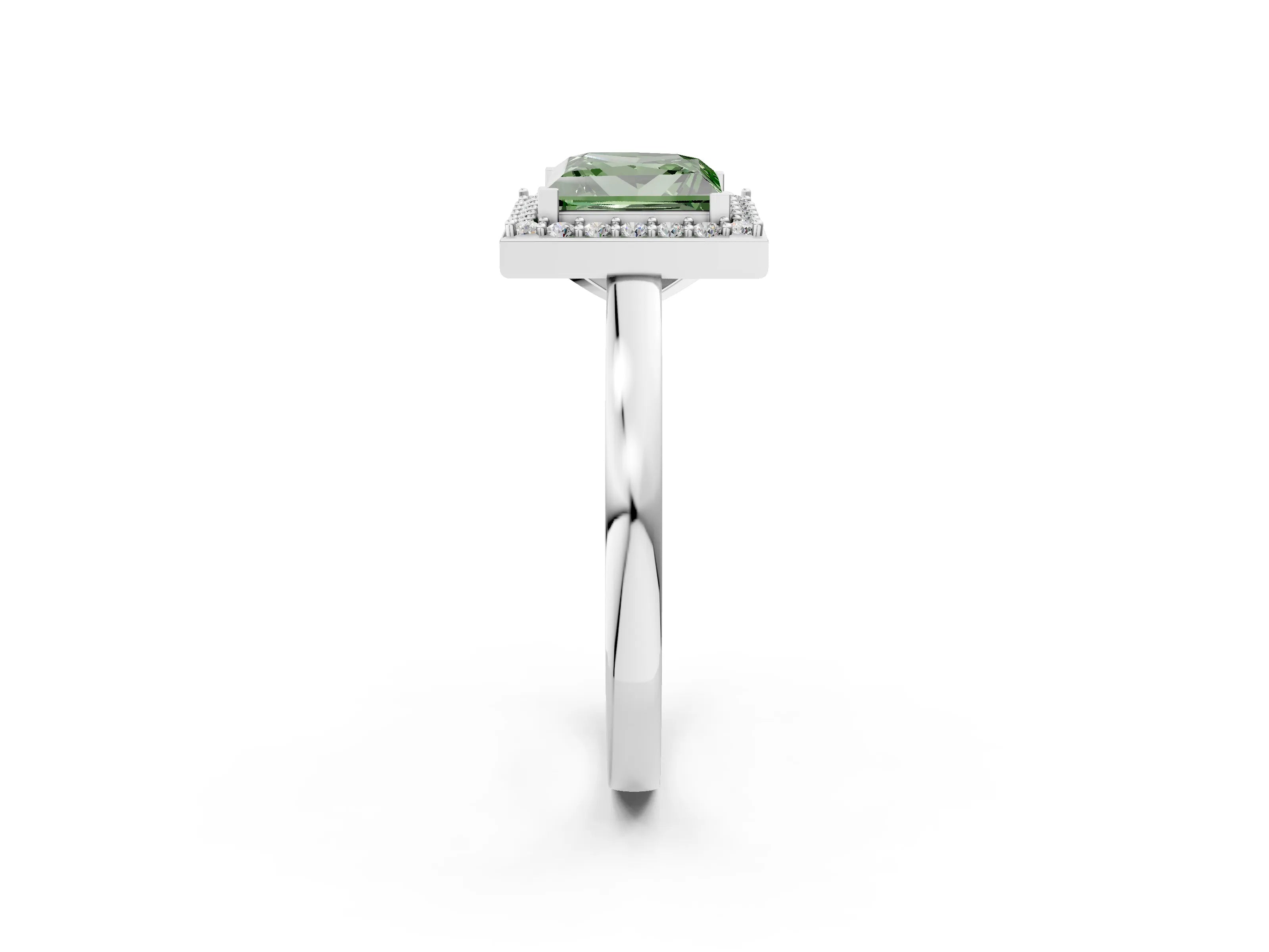 White gold Fancy Green Princess Cut Halo Diamond Ring with Solitaire Band and Prong Setting_2
