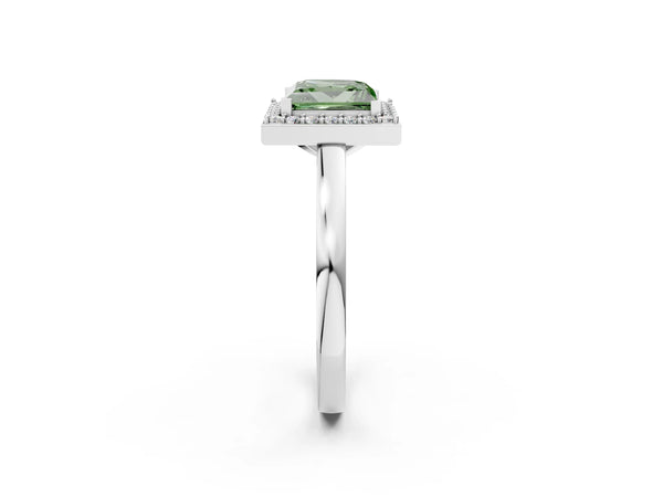 White gold Fancy Green Princess Cut Halo Diamond Ring with Solitaire Band and Prong Setting