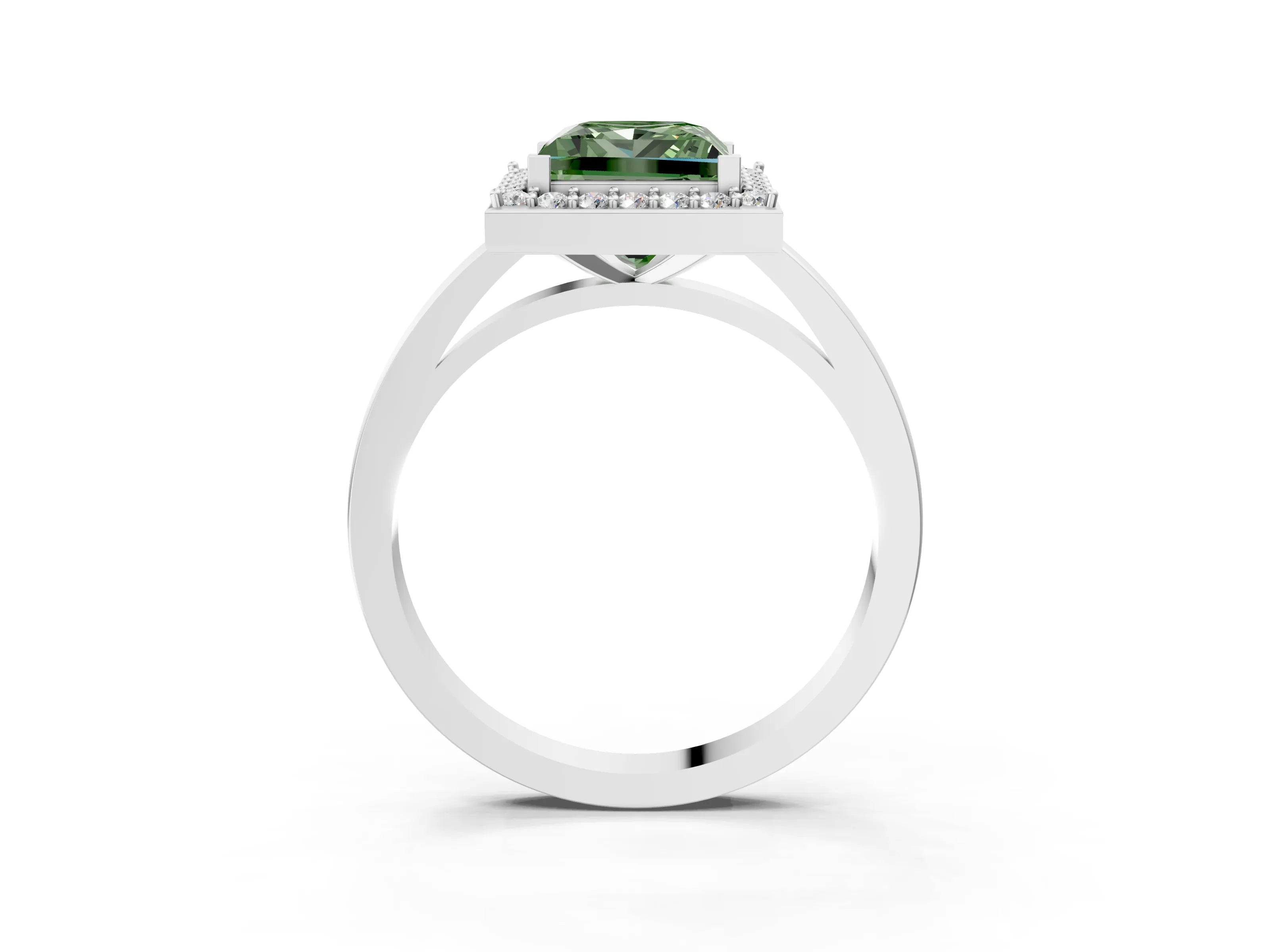 White gold Fancy Green Princess Cut Halo Diamond Ring with Solitaire Band and Prong Setting_3