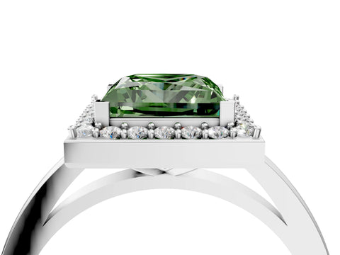 White gold Fancy Green Princess Cut Halo Diamond Ring with Solitaire Band and Prong Setting_4