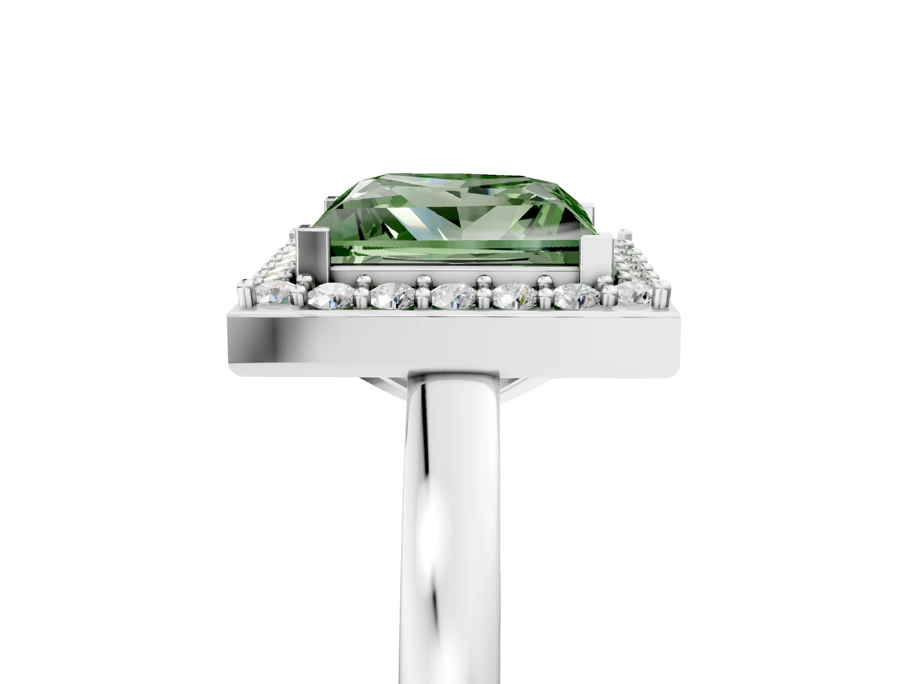 White gold Fancy Green Princess Cut Halo Diamond Ring with Solitaire Band and Prong Setting_5