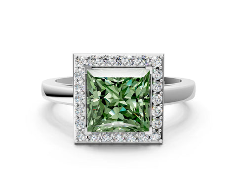 White gold Fancy Green Princess Cut Halo Diamond Ring with Solitaire Band and Prong Setting