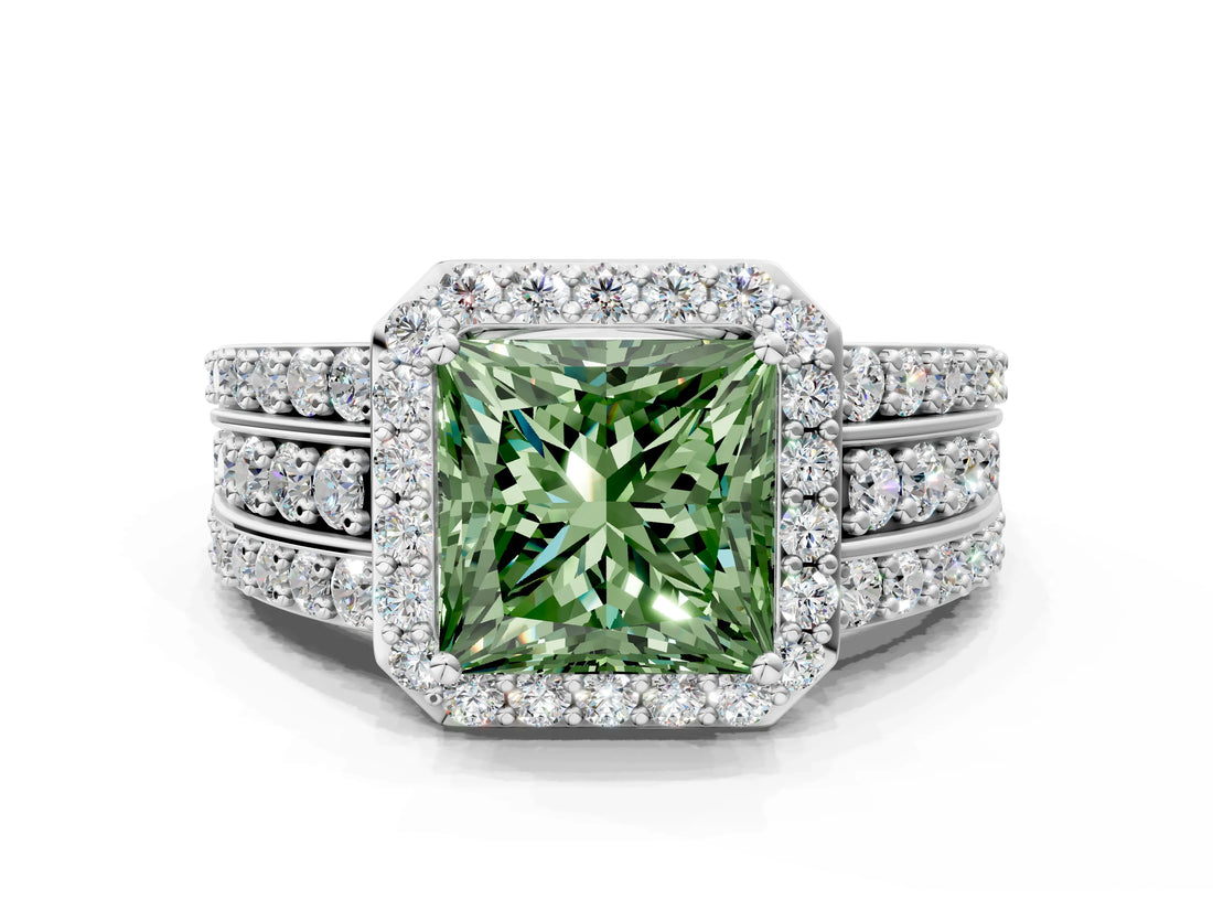 White gold Fancy Green Princess Cut Halo Diamond Ring with Split Shank and Four-Prong Setting_34