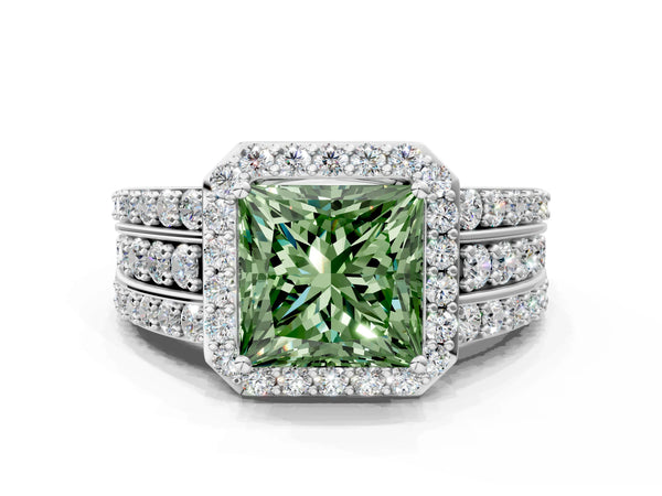 Platinum Princess Cut Triple-Row Pave Halo Engagement Ring Setting for Fancy Green Center