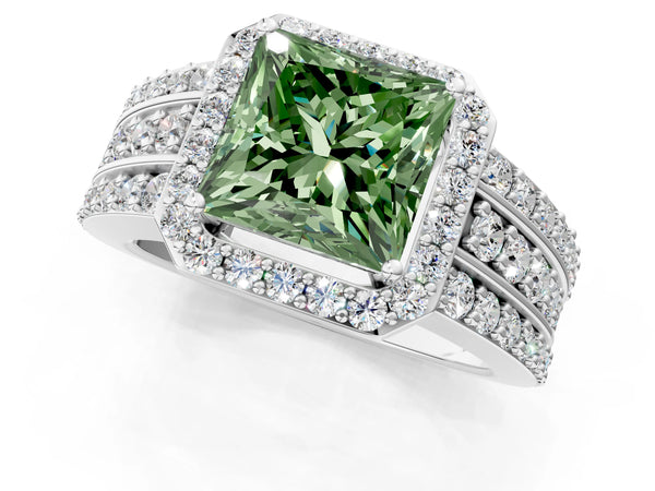 Platinum Princess Cut Triple-Row Pave Halo Engagement Ring Setting for Fancy Green Center