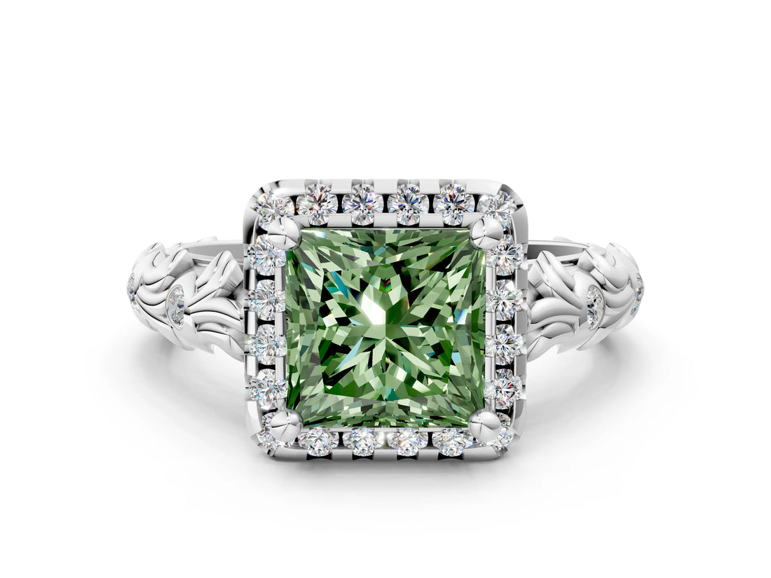 White gold Fancy Green Princess Cut Halo Diamond Solitaire with Filigree Band and Four-Prong Setting_12