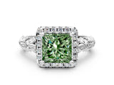 White gold Fancy Green Princess Cut Halo Diamond Solitaire with Filigree Band and Four-Prong Setting_12