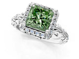 White gold Fancy Green Princess Cut Halo Diamond Solitaire with Filigree Band and Four-Prong Setting_13
