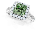 White gold Fancy Green Princess Cut Halo Diamond Solitaire with Filigree Band and Four-Prong Setting_1