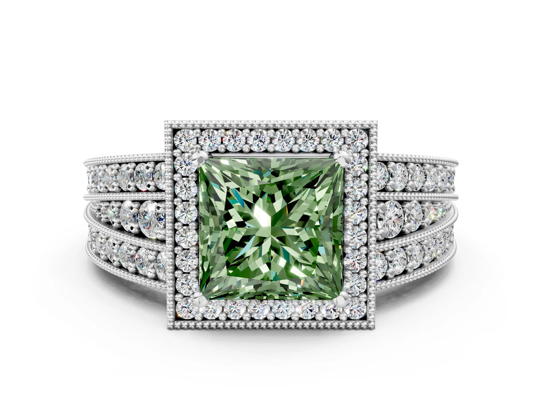 White gold Fancy Green Princess Cut Halo Diamond Split Shank Ring with Prong Setting