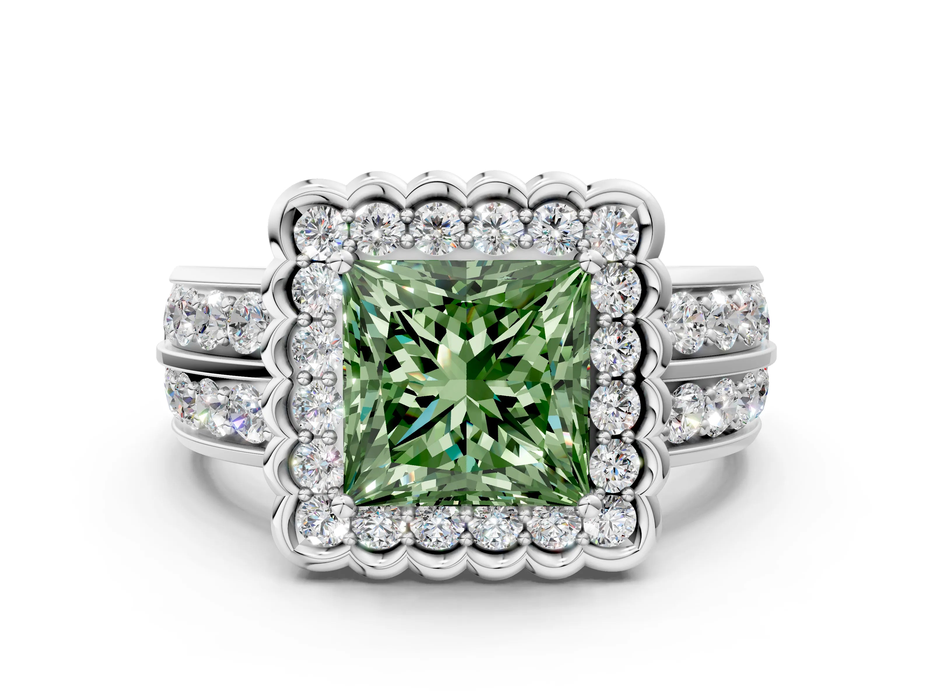 White gold Fancy Green Princess Cut Halo Diamond Split Shank Ring with Scalloped Prong Setting_12
