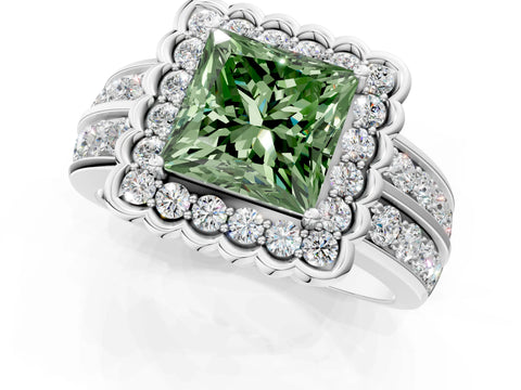 White gold Fancy Green Princess Cut Halo Diamond Split Shank Ring with Scalloped Prong Setting_13