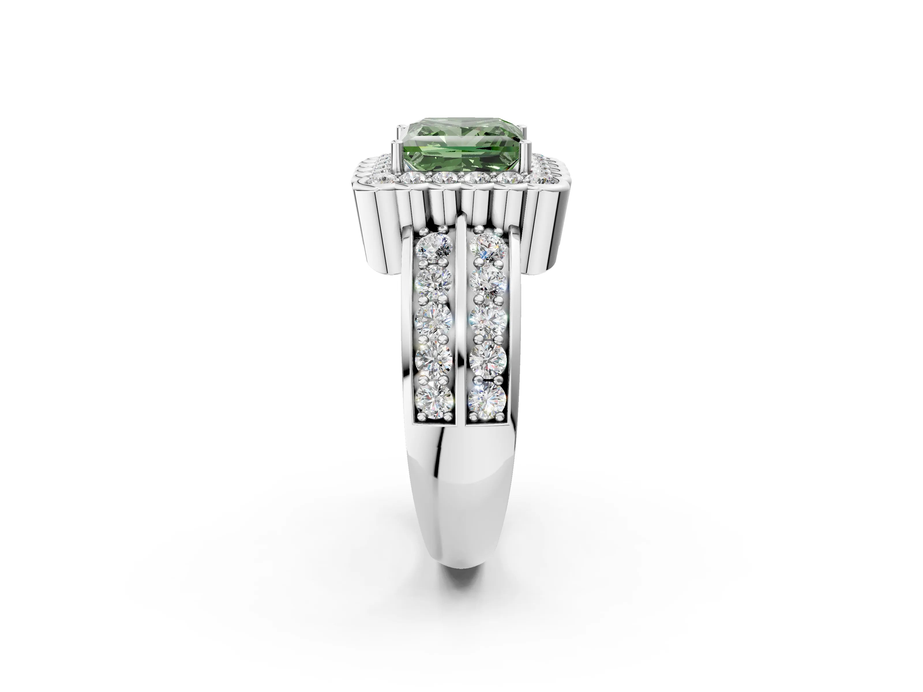 White gold Fancy Green Princess Cut Halo Diamond Split Shank Ring with Scalloped Prong Setting_14