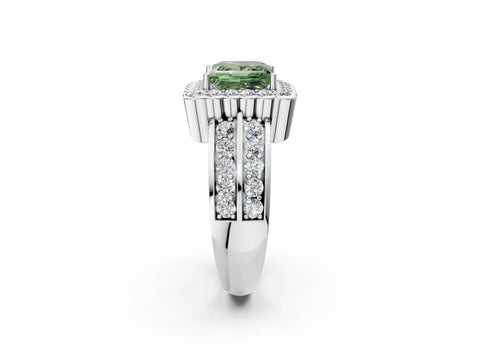 White gold Fancy Green Princess Cut Halo Diamond Split Shank Ring with Scalloped Prong Setting_14