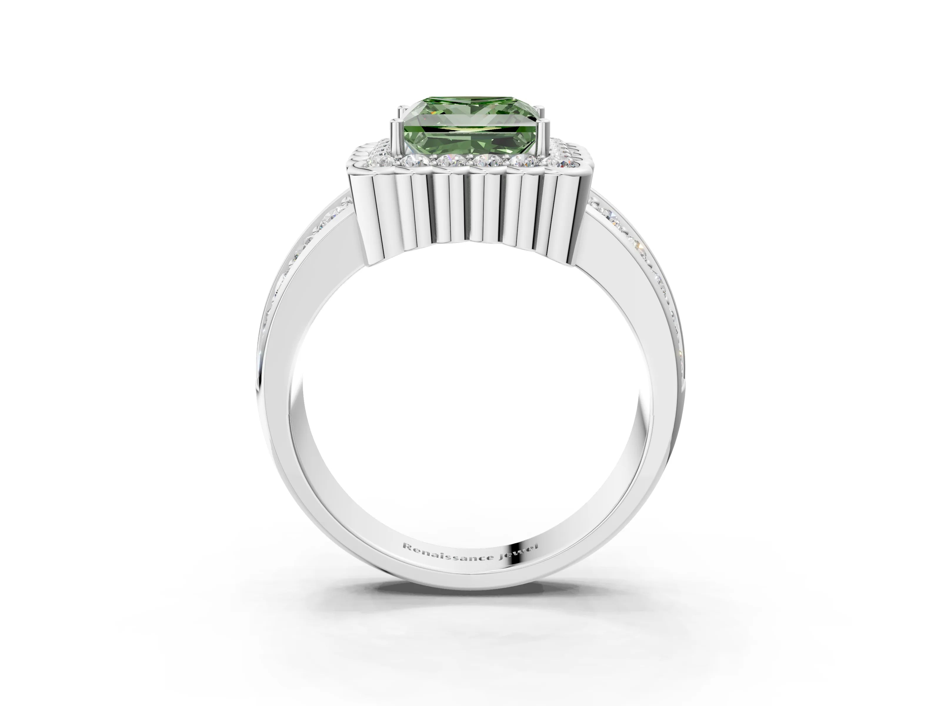 White gold Fancy Green Princess Cut Halo Diamond Split Shank Ring with Scalloped Prong Setting_15