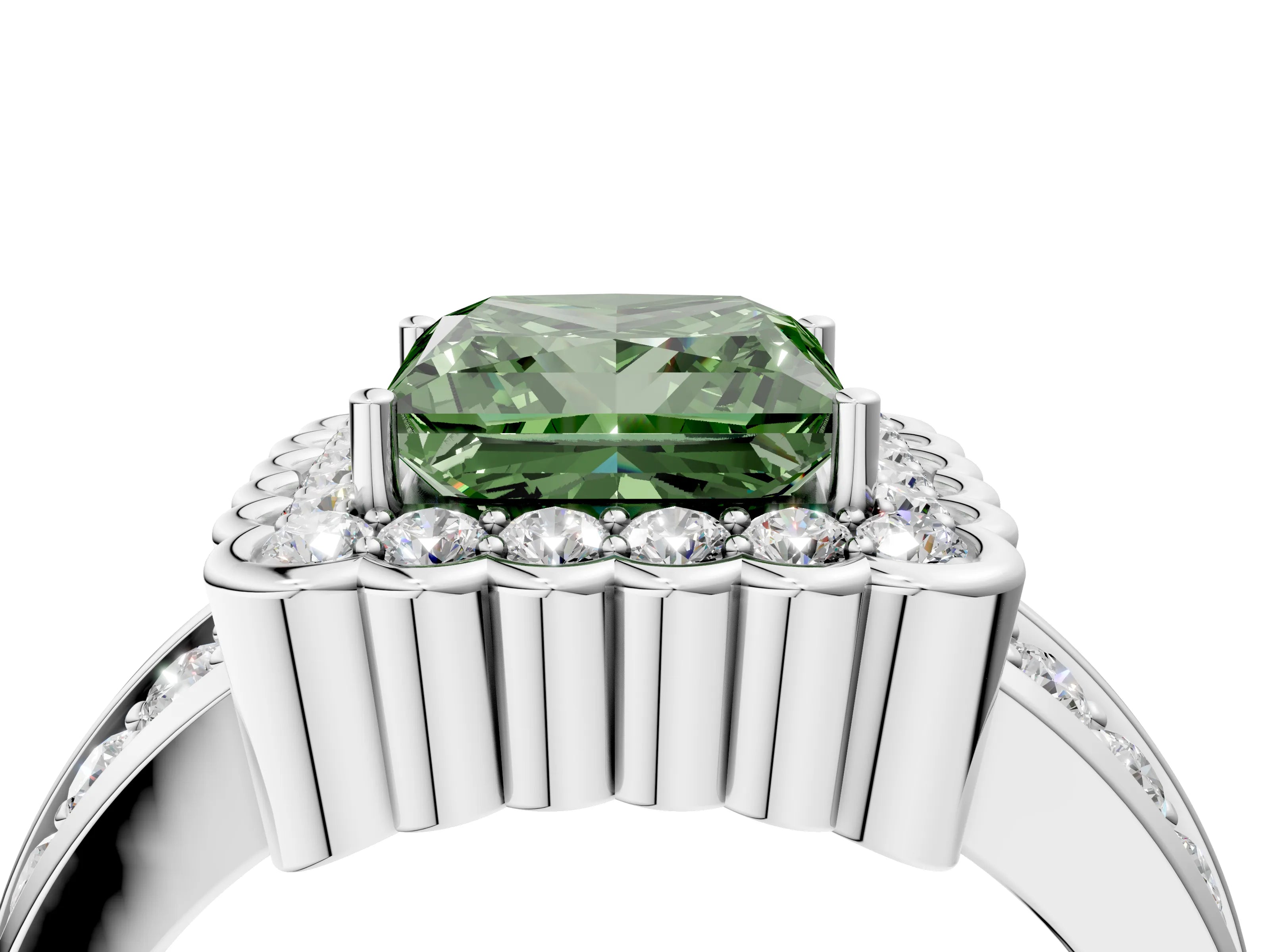 White gold Fancy Green Princess Cut Halo Diamond Split Shank Ring with Scalloped Prong Setting_16