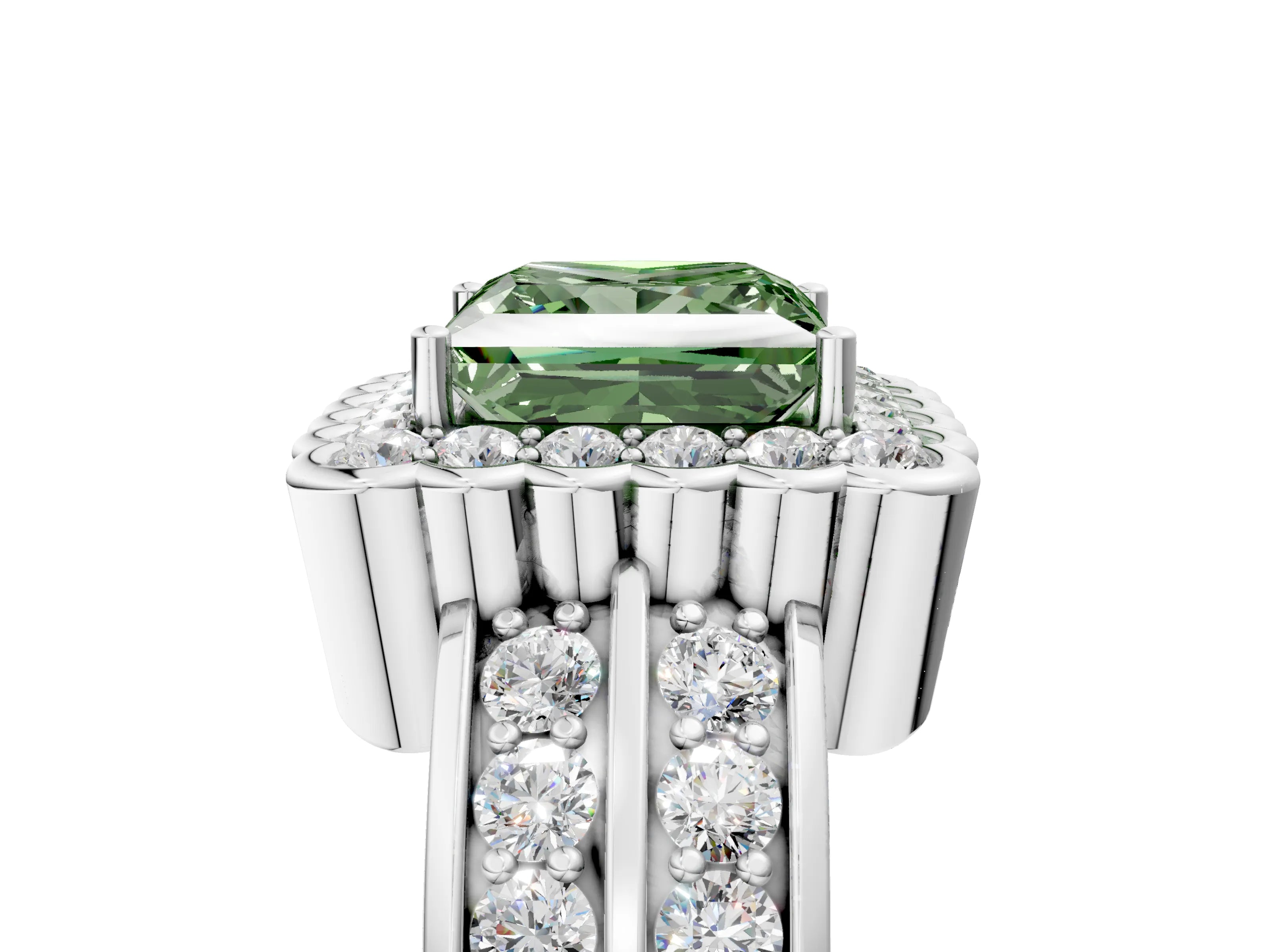White gold Fancy Green Princess Cut Halo Diamond Split Shank Ring with Scalloped Prong Setting_17