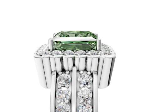 White gold Fancy Green Princess Cut Halo Diamond Split Shank Ring with Scalloped Prong Setting_17