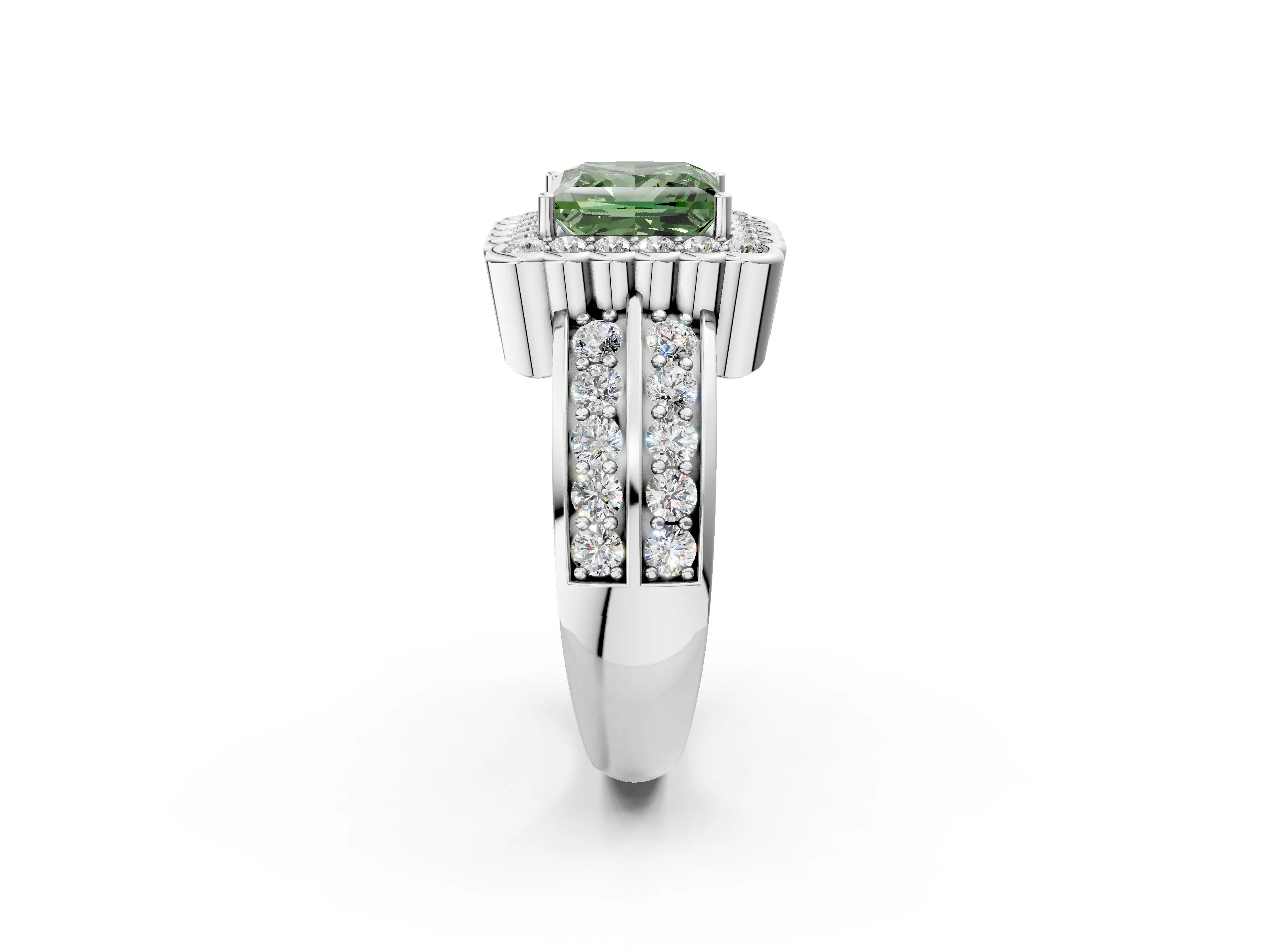 White gold Fancy Green Princess Cut Halo Diamond Split Shank Ring with Scalloped Prong Setting_2