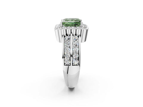 White gold Fancy Green Princess Cut Halo Diamond Split Shank Ring with Scalloped Prong Setting_2