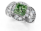 White gold Fancy Green Princess Cut Halo Milgrain Diamond Engagement Ring with Leaf Band and Four-Prong Setting_1