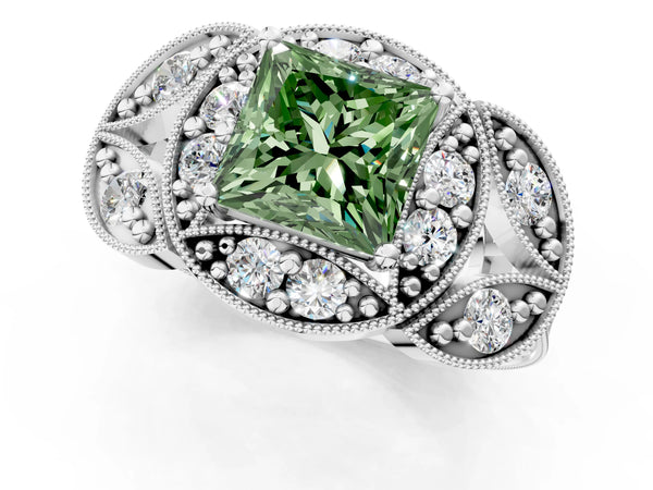 White gold Fancy Green Princess Cut Halo Milgrain Diamond Engagement Ring with Leaf Band and Four-Prong Setting