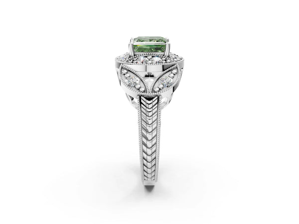 White gold Fancy Green Princess Cut Halo Milgrain Diamond Engagement Ring with Leaf Band and Four-Prong Setting