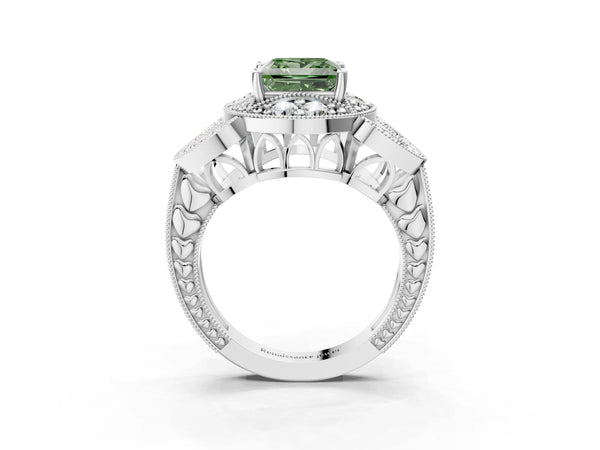 White gold Fancy Green Princess Cut Halo Milgrain Diamond Engagement Ring with Leaf Band and Four-Prong Setting