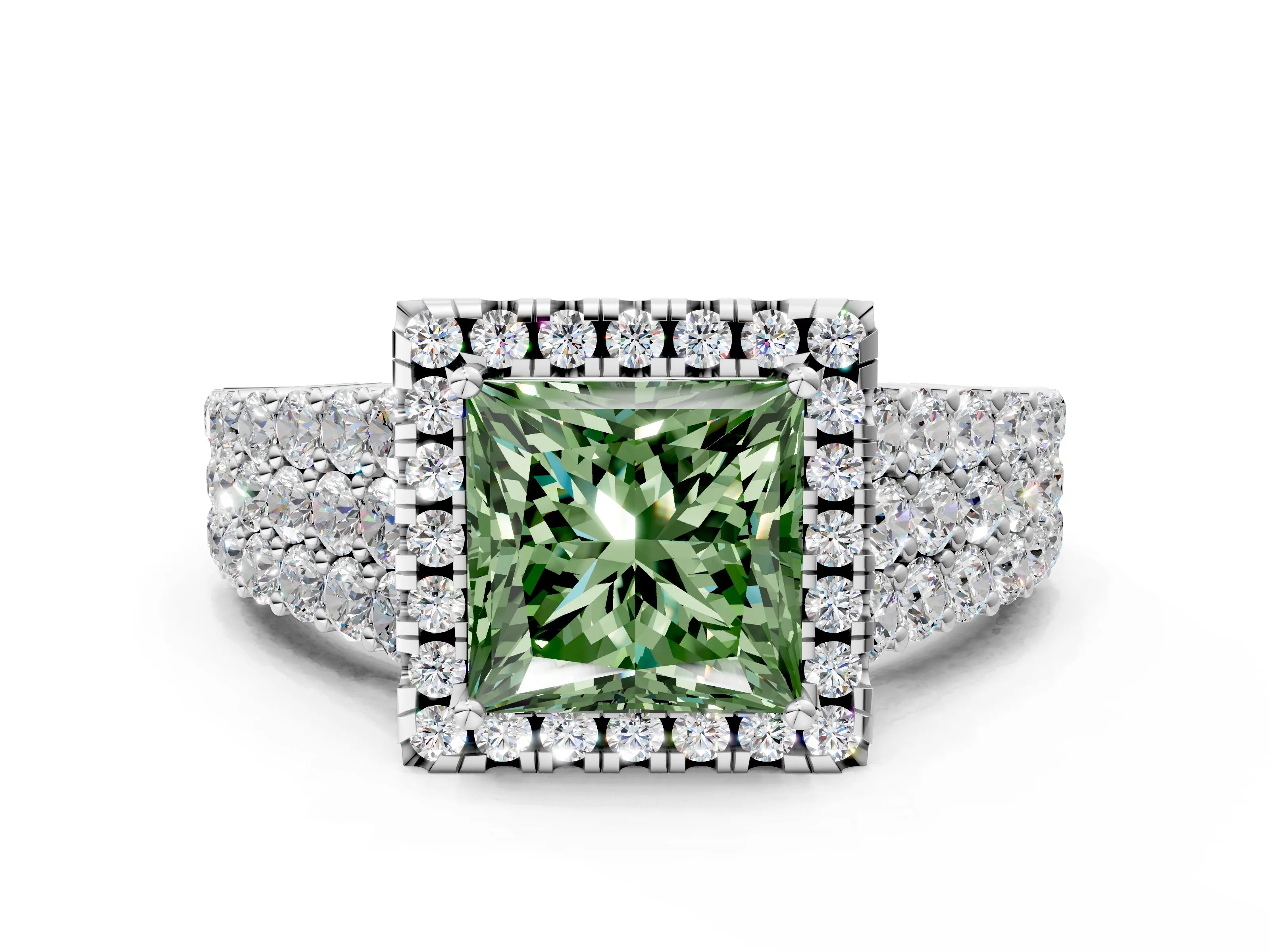 White gold Fancy Green Princess Cut Halo Pavé Diamond Engagement Ring with Split Shank and Four-Prong Setting_3