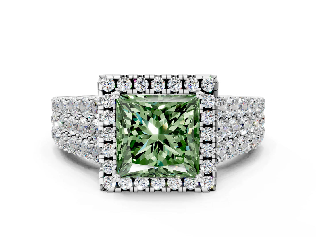 White gold Fancy Green Princess Cut Halo Pavé Diamond Engagement Ring with Split Shank and Four-Prong Setting_3