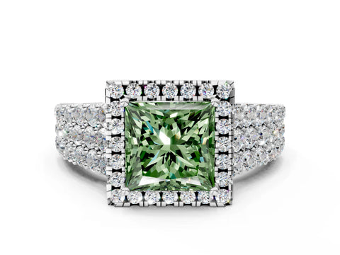 White gold Fancy Green Princess Cut Halo Pavé Diamond Engagement Ring with Split Shank and Four-Prong Setting_3