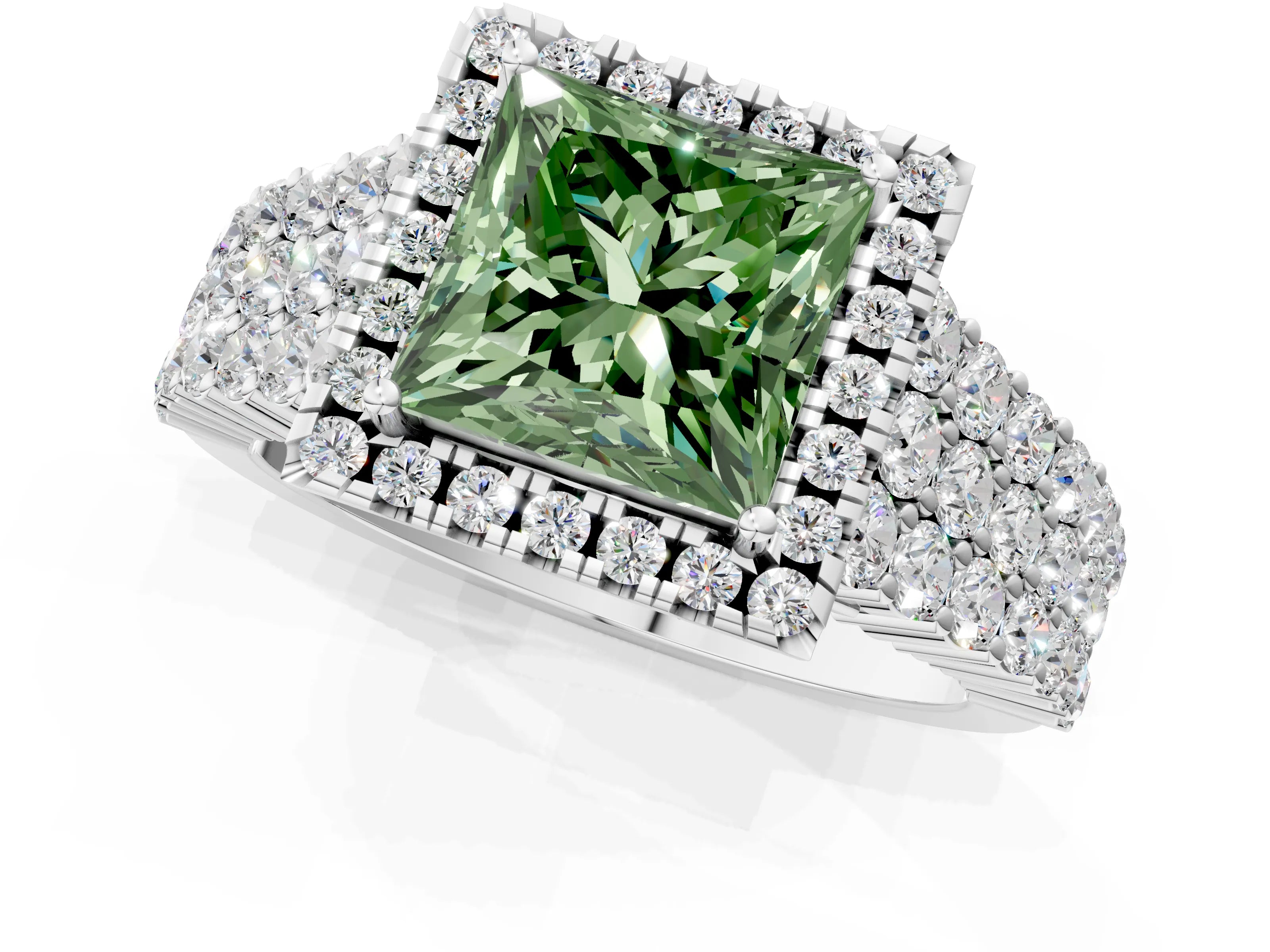White gold Fancy Green Princess Cut Halo Pavé Diamond Engagement Ring with Split Shank and Four-Prong Setting_4