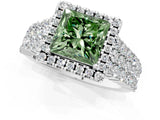 White gold Fancy Green Princess Cut Halo Pavé Diamond Engagement Ring with Split Shank and Four-Prong Setting_4