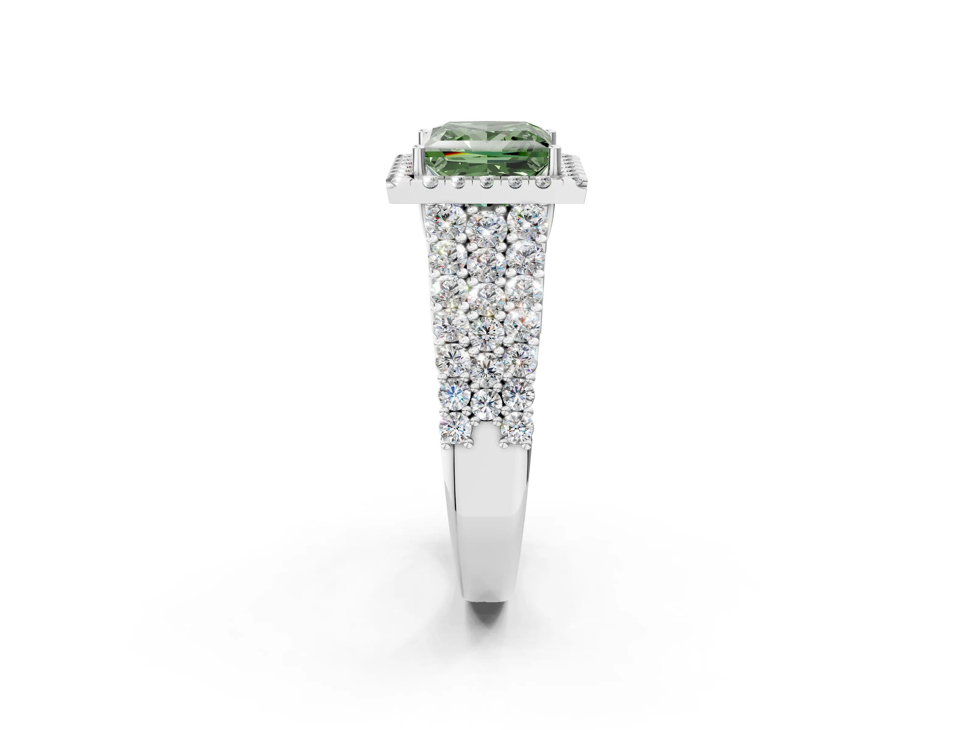 White gold Fancy Green Princess Cut Halo Pavé Diamond Engagement Ring with Split Shank and Four-Prong Setting_5