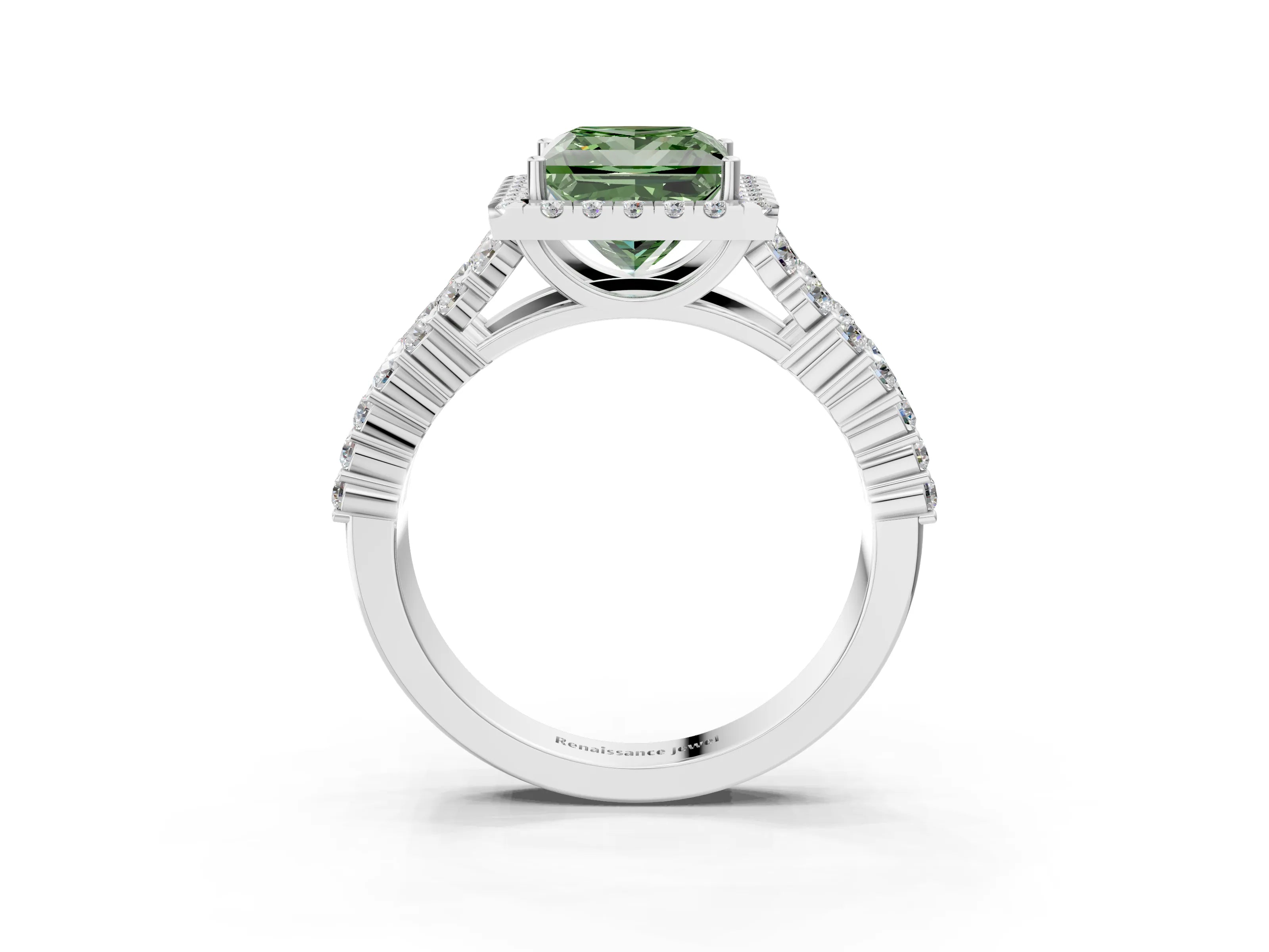 White gold Fancy Green Princess Cut Halo Pavé Diamond Engagement Ring with Split Shank and Four-Prong Setting_6
