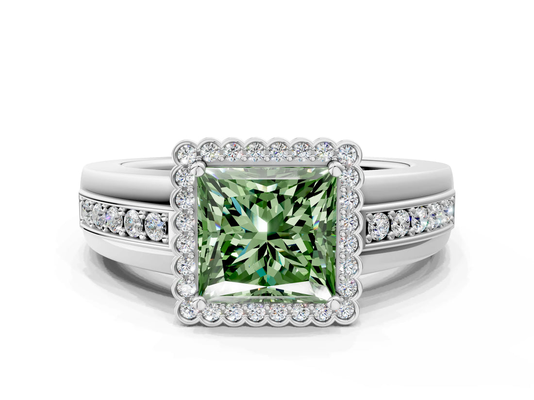 White gold Fancy Green Princess  Cut Halo Pave Band Four-Prong Ring_28