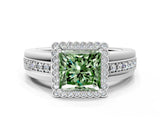 White gold Fancy Green Princess  Cut Halo Pave Band Four-Prong Ring_28