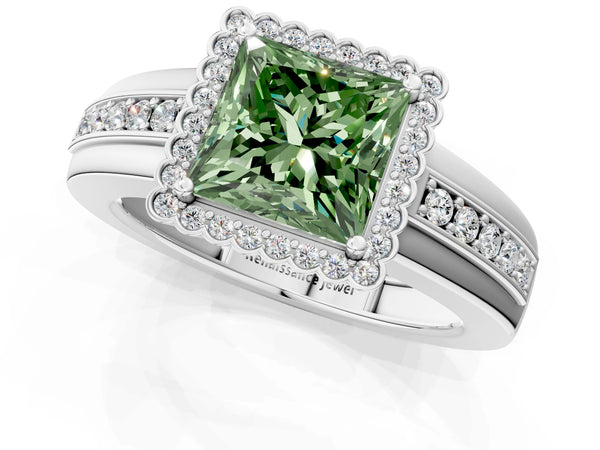 Platinum Fancy Green Princess  Cut Halo Pave Band Four-Prong Ring