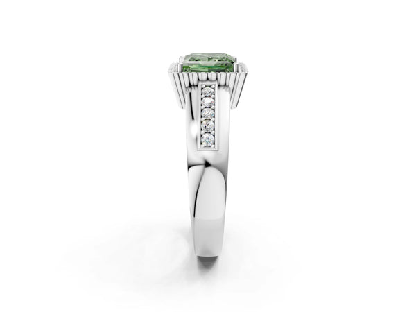 Platinum Fancy Green Princess  Cut Halo Pave Band Four-Prong Ring