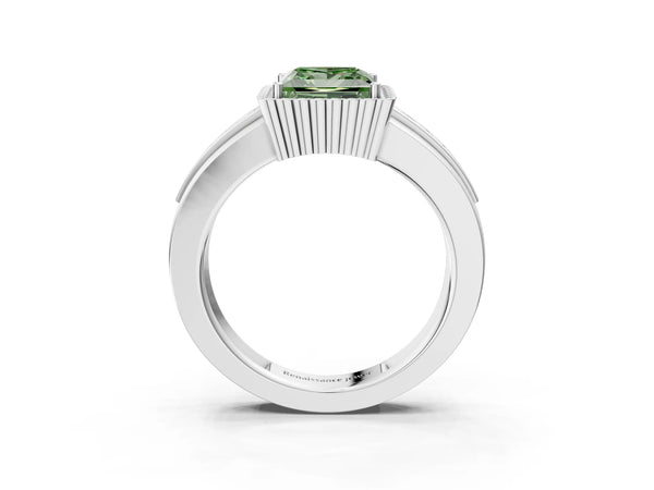 Platinum Fancy Green Princess  Cut Halo Pave Band Four-Prong Ring