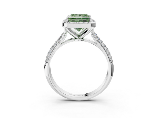 White gold Fancy Green Princess  Cut Halo Pave Band Four-Prong Setting Ring