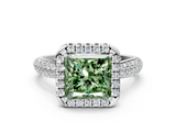 White gold Fancy Green Princess  Cut Halo Pave Band Four-Prong Setting Ring