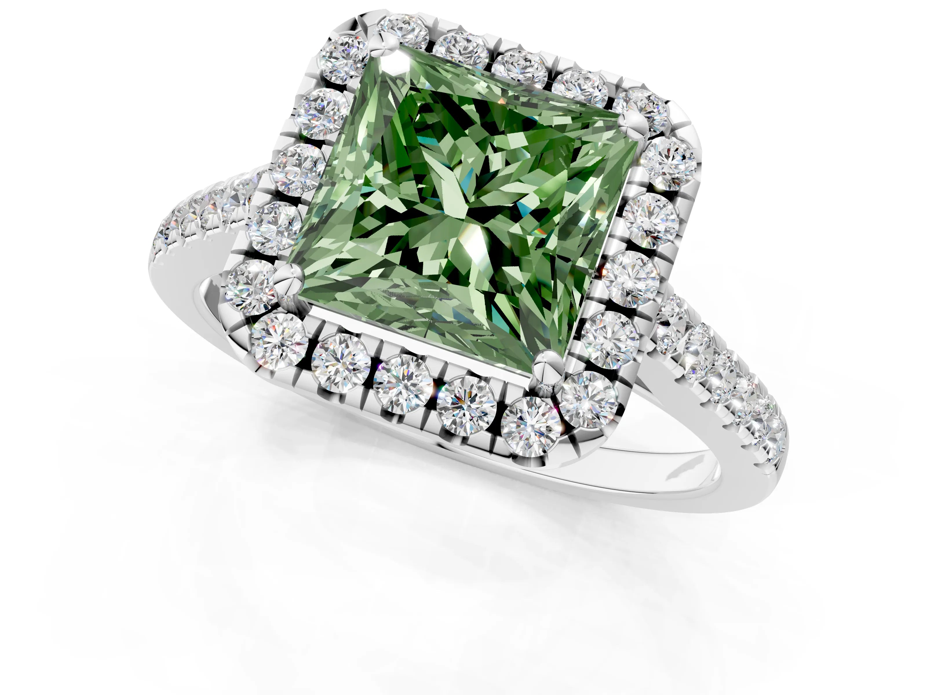 White gold Fancy Green Princess Cut Halo Pave Diamond Engagement Ring with Four-Prong Setting_1