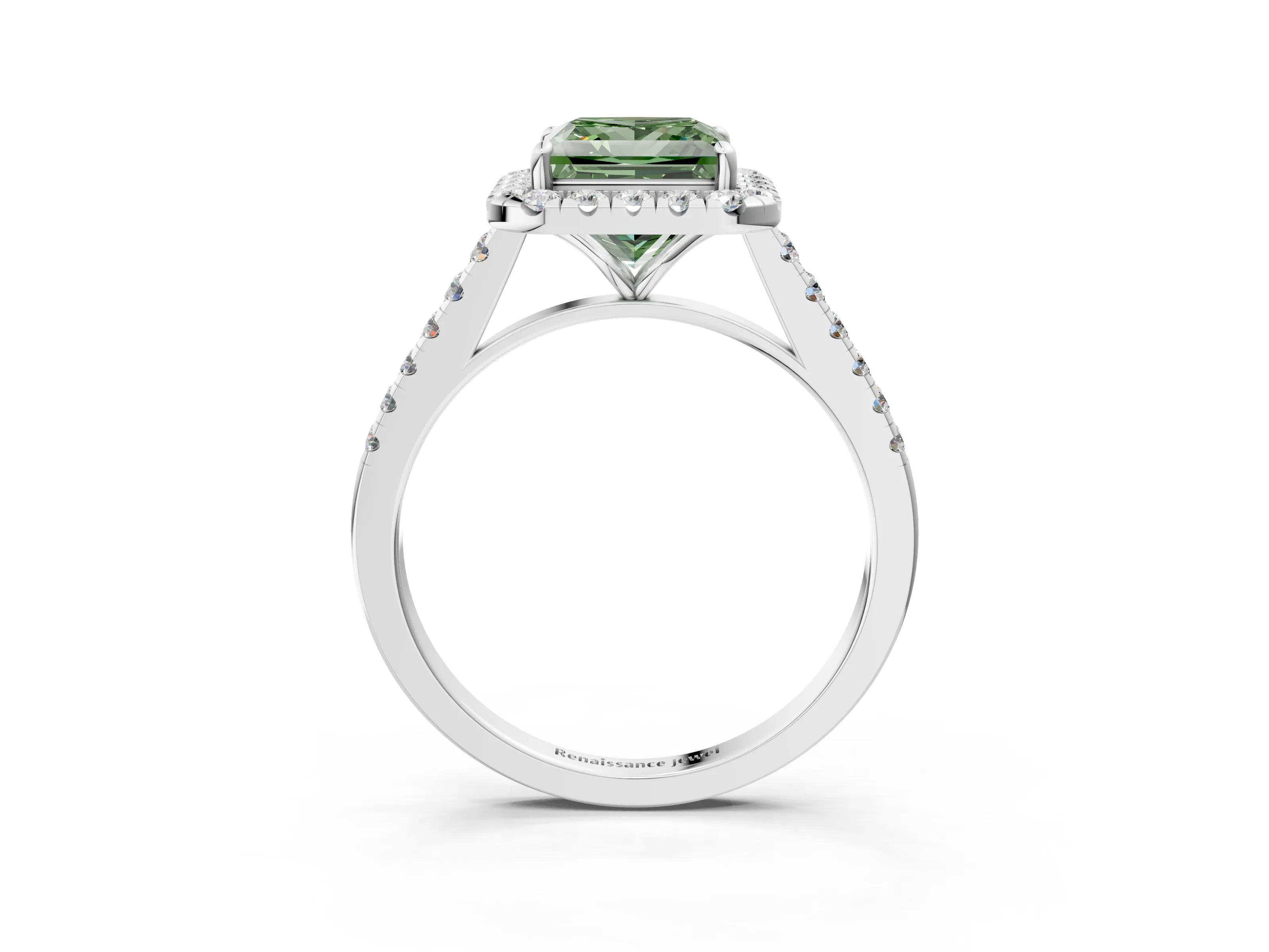 White gold Fancy Green Princess Cut Halo Pave Diamond Engagement Ring with Four-Prong Setting_3