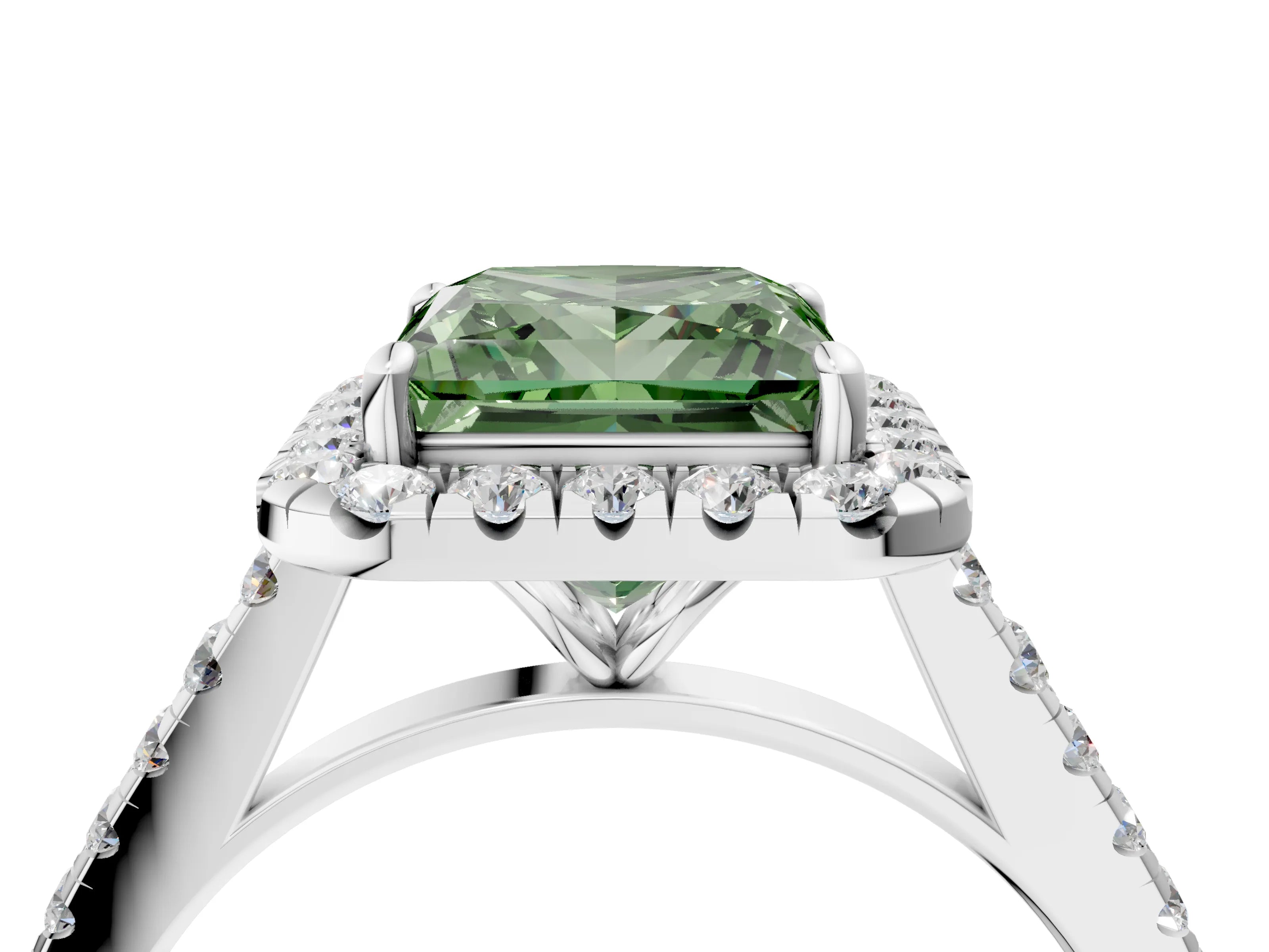 White gold Fancy Green Princess Cut Halo Pave Diamond Engagement Ring with Four-Prong Setting_4