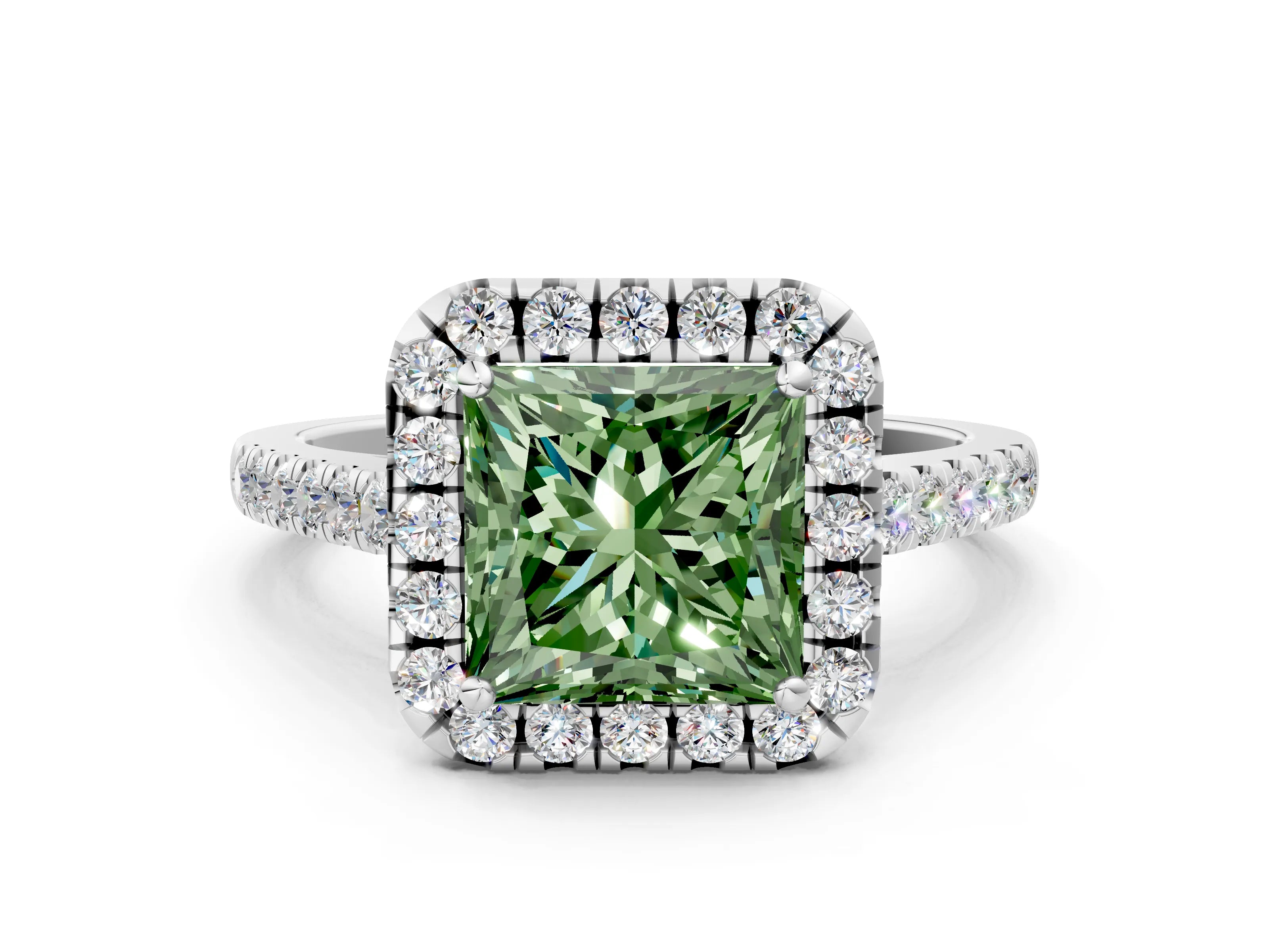 White gold Fancy Green Princess Cut Halo Pave Diamond Engagement Ring with Four-Prong Setting