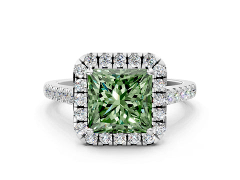 White gold Fancy Green Princess Cut Halo Pave Diamond Engagement Ring with Four-Prong Setting